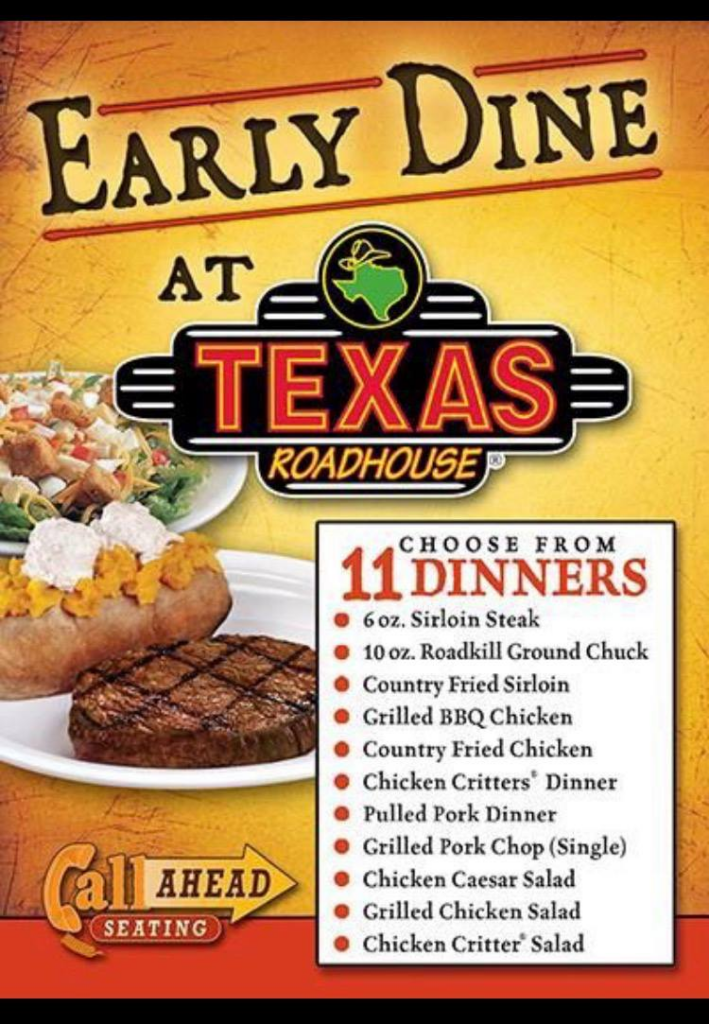 Texas Roadhouse Early Dine Menu with Prices and Calories